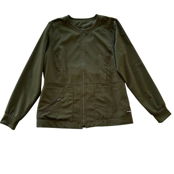 Greys Anatomy By Barco Womens Zip-Up Olive Green Scrub Jacket Size M Stretch Ble - Picture 1 of 6